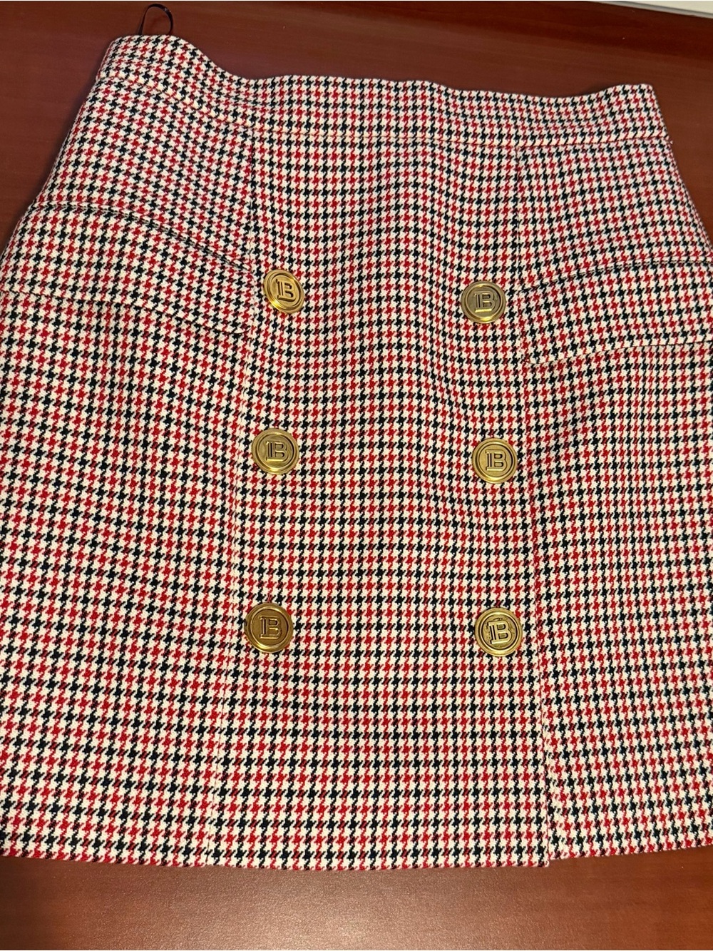 Balmain- Red Houndstooth Button-Front Women's Skirt